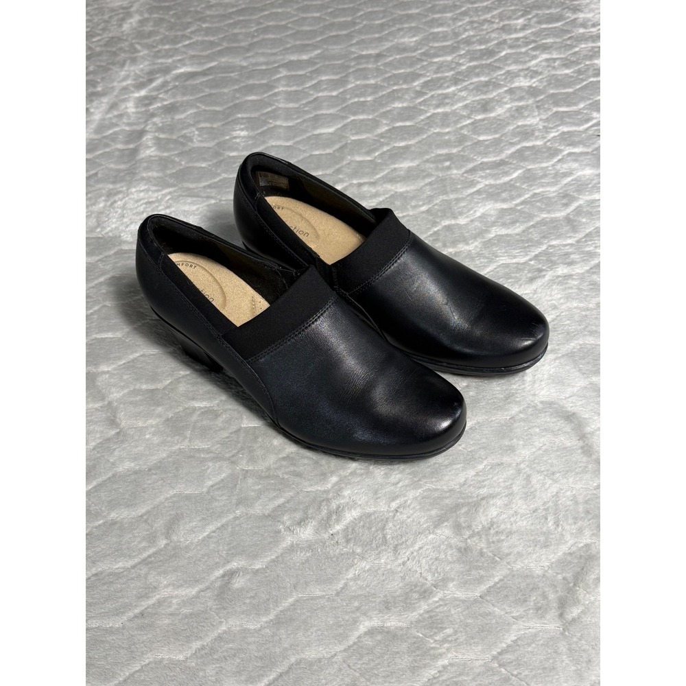 Clarks Collection Black Leather Slip On Block Heel Pumps Size 8 M 261529864055